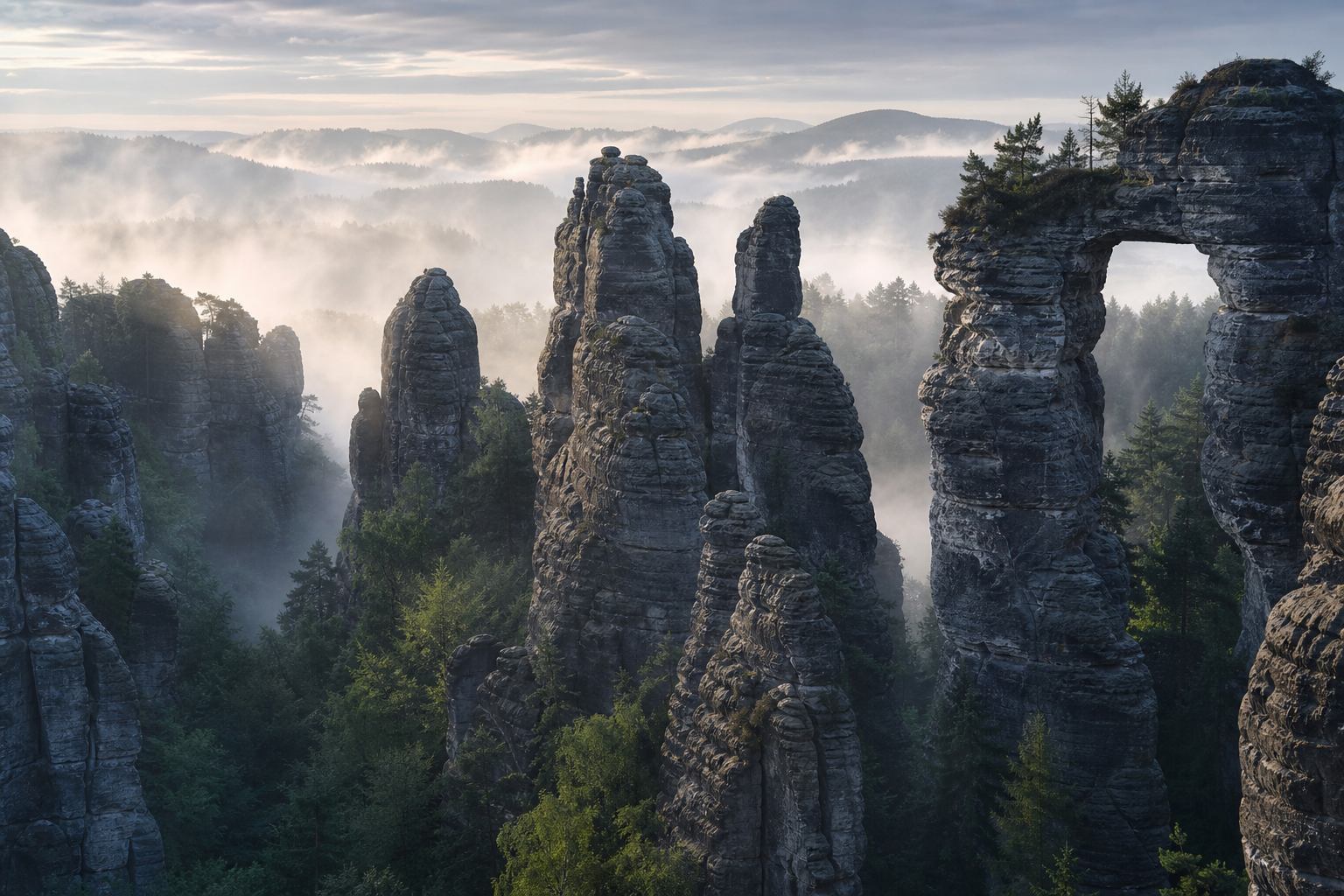 Bizarre Sandsteinfelsen in der Sächsischen Schweiz im Morgennebel
