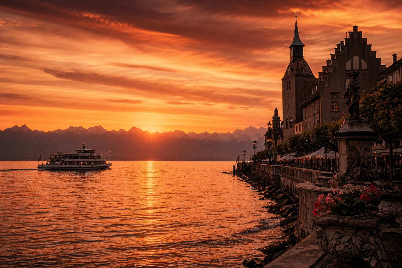 Bodensee bei Sonnenuntergang mit historischer Uferpromenade